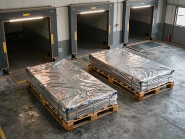 Wide overhead shot of a loading dock bay, two freight pallets wrapped and strapped on a concrete floor under fluorescent warehouse lighting, no people, daytime