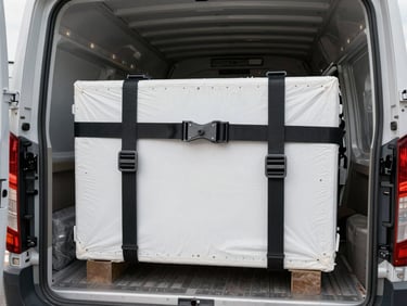 Close-up of load straps and ratchet tie-downs securing freight inside a dry van trailer, natural daylight through trailer doors, no people visible