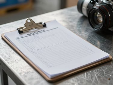 Close-up of a freight intake clipboard with handwritten cargo specs and lane documentation on a metal desk, overcast warehouse light, no people