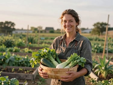 Candid medium portrait of a smiling woman holding a basket of fresh green vegetables in a sunlit community garden, soft overcast Midwestern sky, warm earthy tones.