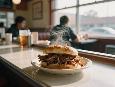 Candid medium shot of a bustling local diner counter, a golden-brown pork tenderloin sandwich on a ceramic plate, warm steam rising, soft natural window light, 35mm film texture