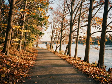 Wide environmental shot of a quiet wooded path along the St. Joseph River in Fort Wayne, golden sunlight filtering through autumn leaves, soft 35mm film texture
