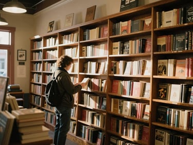 Candid shot of a local bookstore interior with rich wooden shelves, warm incandescent lighting, a patron browsing vintage books, cozy Midwestern atmosphere, 35mm film texture