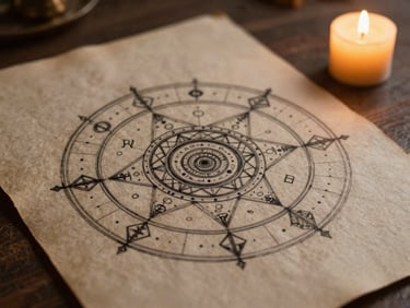An ink-on-paper geometric Kundli diagram hand-drawn on textured, aged parchment, illuminated by soft warm candlelight from the side.