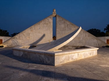 Wide-angle architectural geometry of the stone astronomical instruments of Jantar Mantar under deep twilight, casting sharp shadows on the ground.