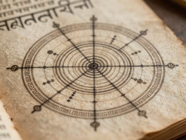 Macro photograph of an ancient Sanskrit palm-leaf manuscript with precise geometric Kundli diagrams hand-drawn in dark ink, warm side lighting