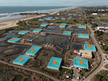 Top-down orthomosaic of a coastal wetland restoration project, annotated with hyper-cyan vector bounding boxes and safety-orange moisture index markers.