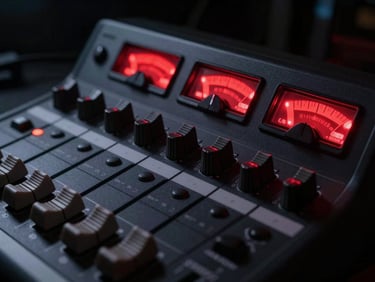 Tight macro shot of a physical mixing console in a dark studio, glowing red peak meters, high contrast shadows, 50mm lens