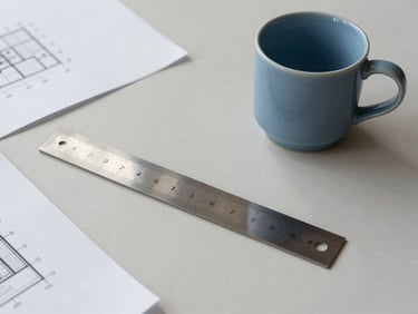 Clean workspace environment with a single metal ruler, architectural drawings, and a soft blue ceramic cup on a pale warm gray table, 35mm.