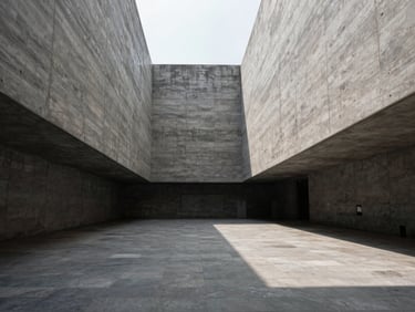 High-contrast perspective of a monolithic concrete gallery in Jakarta, sharp daylight cutting through a central lightwell onto raw stone floors.
