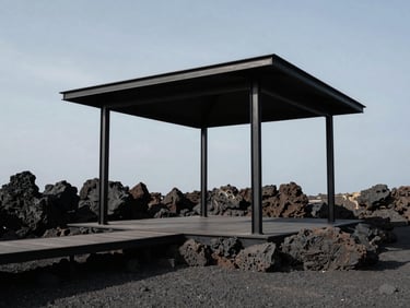 High-contrast architectural photograph of a minimalist pavilion in Bandung, black steel frames intersecting with raw volcanic stone under dramatic daylight.