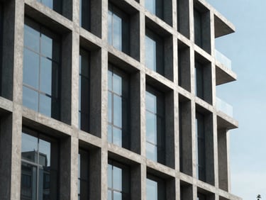 Architectural elevation of a modern residence in Jakarta, strict grid of concrete columns and glass panels reflecting the clear sky, sharp daylight.