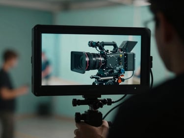 Film set monitor showing a cinematic still frame, camera operator silhouetted in foreground against teal-tinted set lighting, shallow depth of field, on-set production atmosphere