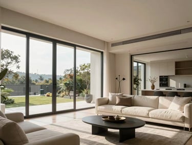 Modern residential living room flooded with natural afternoon light through floor-to-ceiling windows, architectural interior framing, clean lines, no people, real estate editorial composition