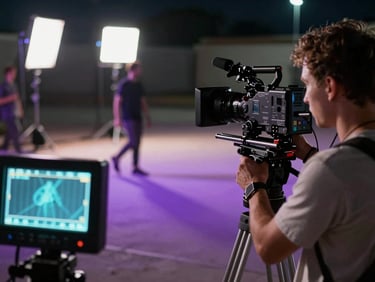 Film set at night, a camera operator framing a dramatic scene with practical set lighting casting long purple shadows, a director's monitor glowing teal in the foreground, deep cinematic depth of field