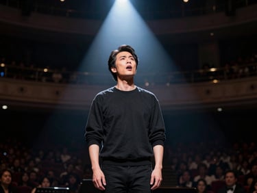 Solo performer mid-aria on a darkened stage, single spotlight cutting from above, peak-expression moment frozen, concert venue background blurred to bokeh, professional stage lighting