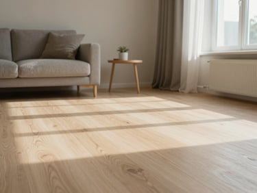 Heller, moderner Wohnraum in Niedersachsen mit frisch verlegtem, hellem Parkettboden, minimalistische Einrichtung, weiches Tageslicht.