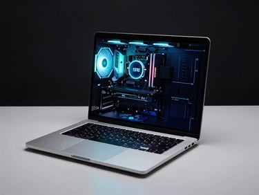Sleek silver business laptop open on a clean desk, showing a glowing diagnostic screen, neon-lit hardware photography, deep obsidian background, electric cyan and blue rim lighting, macro lens, high contrast, 35mm