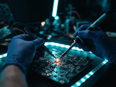 Macro shot of a technician's hands delicately micro-soldering a glowing circuit board under neon lights, deep shadows, electric cyan rim light, 35mm