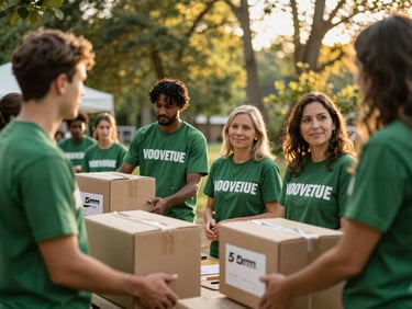 Volunteers distributing food boxes to families in a community, warm documentary photography, natural golden-hour sunlight, authentic emotional expressions, rich forest green and gold tones, 35mm lens
