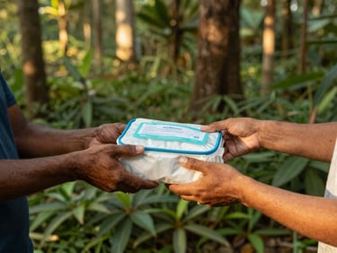 Volunteer handing a hygiene kit to an adult, warm documentary photography, natural golden-hour sunlight, close-up on hands, focus on compassionate exchange, rich forest green and gold tones, 35mm lens