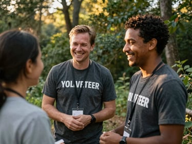 A volunteer engaging with a community member, both smiling, in a natural outdoor setting, warm natural light, candid, eye-level shot, authentic emotional expressions.