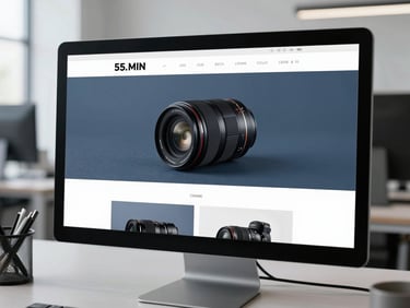 A modern minimalist website interface displayed on a clean monitor screen in a bright office environment