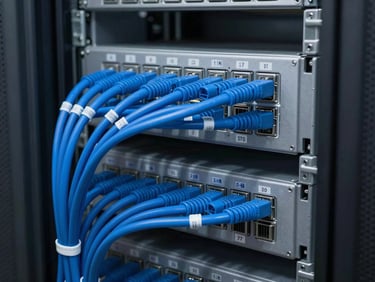 Close-up of a perfectly managed server rack with neatly bundled blue cables and clean labeling
