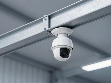 A sleek white security camera mounted on a steel beam inside a modern, clean industrial warehouse