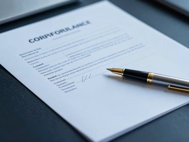 Close-up of signed corporate compliance documents on a dark desk, cool steel blue lighting, gold pen highlight, sharp focus, 35mm editorial.