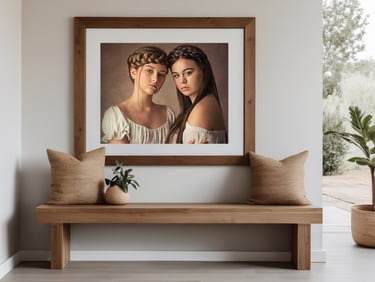 A beautifully designed living space with custom family portrait artwork hanging on the feature wall.