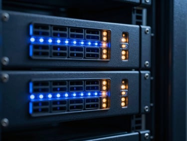 Macro close-up of secure physical hardware in a server rack, cool blue and amber indicator lights, sharp focus, 35mm