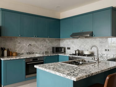 Spacious modern kitchen interior with teal cabinets and slate grey granite countertops, natural light, completed Bangalore project.