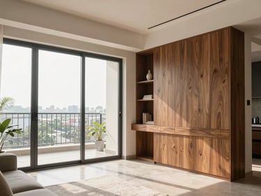 Bright daylight shot of a modern apartment living room in Sarjapur, Bangalore, featuring premium turnkey woodwork and large windows.