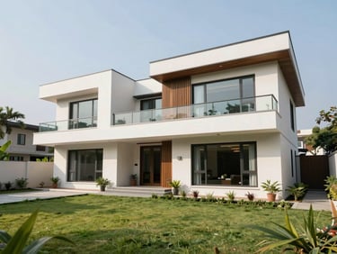 Modern luxury villa exterior in North Bangalore, clean architectural lines, manicured lawn under bright daylight