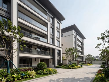 Bright landscape photo of a contemporary residential development exterior in Sarjapur, Bangalore, featuring clean lines and landscaped gardens