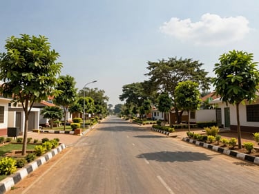 Wide environmental shot of a gated plot community in Devanahalli, Bangalore, paved roads, young avenue trees, bright sunny day.