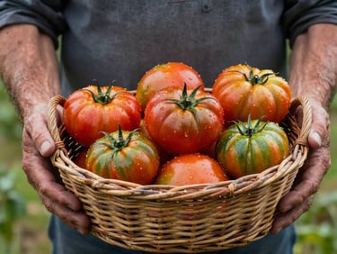 Close-up of weathered hands of a farmer holding a rustic wicker basket filled with colorful, wet heirloom tomatoes, soft side daylight, Scandinavian aesthetic.