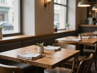 Cozy Scandinavian bistro interior, soft natural window light, empty wooden tables with linen napkins, warm and inviting atmosphere.