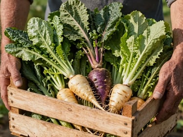 Close-up of weathered hands holding a wooden crate overflowing with freshly harvested organic greens and root vegetables, bright morning sun.