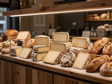 Modern food market counter with neatly arranged artisanal cheeses and fresh bread, soft overhead lighting, clean rustic aesthetic.