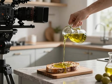 Behind-the-scenes shot of a professional camera rig capturing a pour of raw olive oil onto rustic bread in a sunlit modern kitchen, high contrast, soft side shadows.
