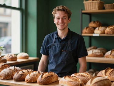 A local bakery owner smiling proudly behind her counter, warm natural window light highlighting fresh bread, warm editorial photography, optimistic mood, shallow depth of field, 35mm.