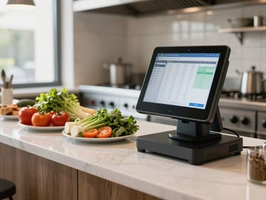 A clean, modern restaurant kitchen counter with fresh ingredients on one side and a sleek POS terminal showing sales graphs on the other, bright morning light.