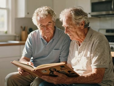 Caregiver and senior sharing a quiet moment, looking at a photo album in a well-lit kitchen. Focus on genuine human connection, soft shadows, and warm tones.