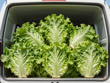 Close-up of freshly harvested crisp green lettuce heads being loaded into a clean, modern climate-controlled cargo hold, bright daylight.