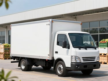A clean, modern white delivery truck parked outside a bright, high-tech distribution center with fresh produce crates on pallets, natural daylight.