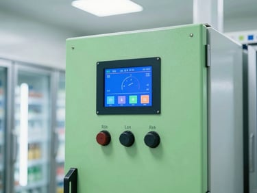 A high-tech digital control panel displaying temperature telemetry inside a clean, modern refrigerated warehouse, bright high-key lighting.