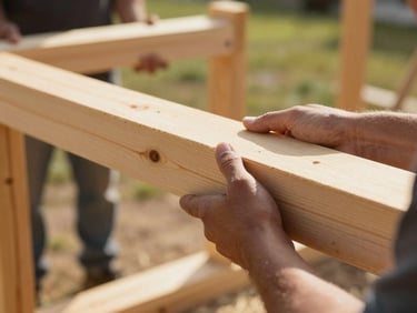 Hands of a volunteer holding a wooden beam during a community home build, warm natural daylight, rich organic tones, 35mm