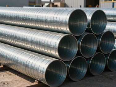 Stacked double-wall spiral round ducts in a manufacturing yard, metallic circular patterns reflecting harsh Saudi sunlight